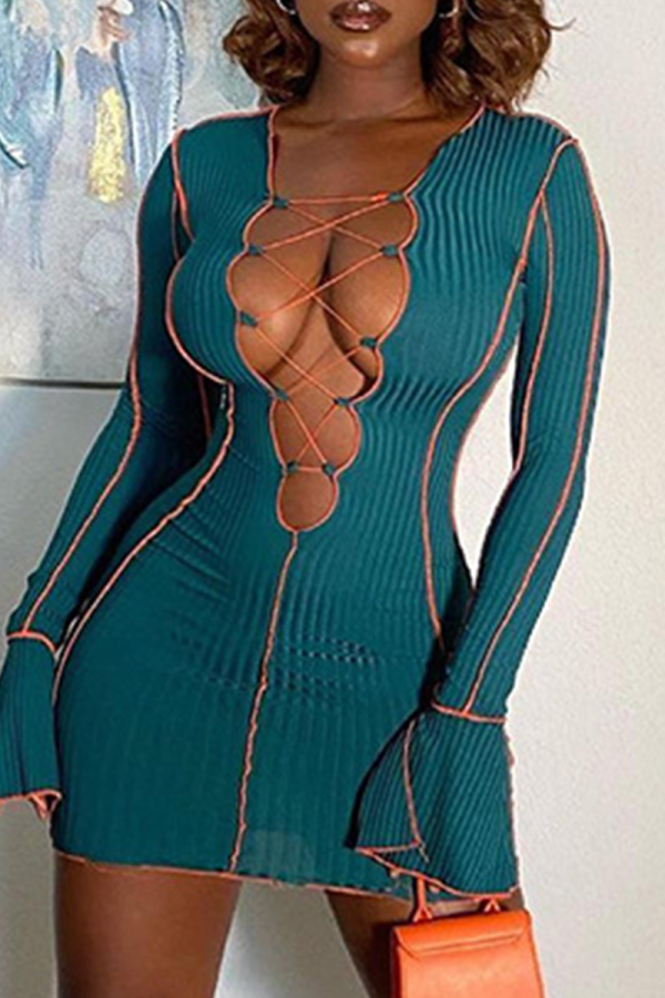 Green Sexy Solid Hollowed Out V Neck Pencil Skirt Dresses