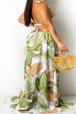 Yellow Sexy Print Bandage Hollowed Out Patchwork Backless Halter A Line Dresses