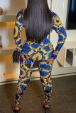 Blue Casual Print Bandage Patchwork V Neck Skinny Jumpsuits