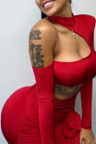 Red Sexy Solid Patchwork Half A Turtleneck Pencil Skirt Dresses