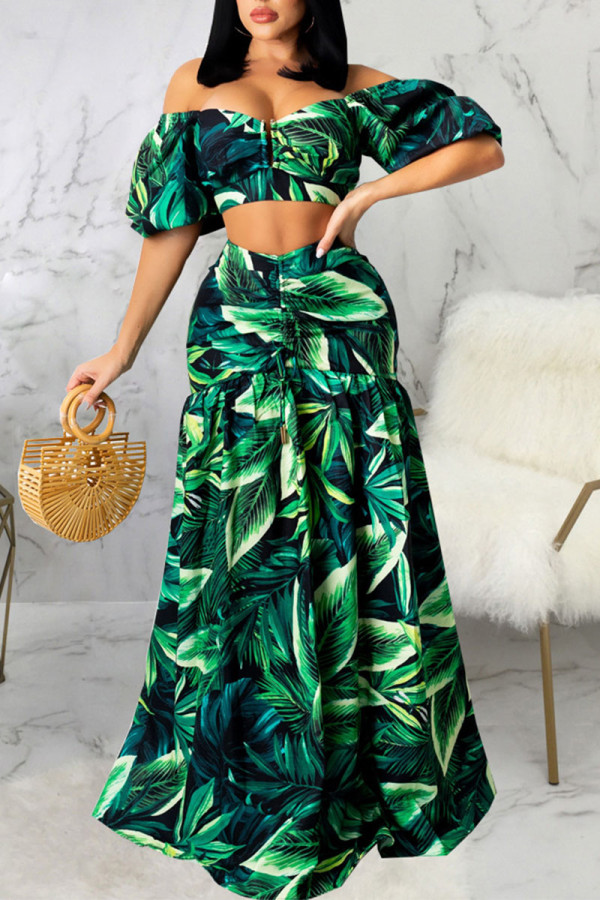 Green Sexy Print Patchwork Zipper Off the Shoulder Half Sleeve Two Pieces