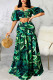 Green Sexy Print Patchwork Zipper Off the Shoulder Half Sleeve Two Pieces