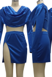 Blue Sexy Solid Patchwork U Neck Long Sleeve Two Pieces