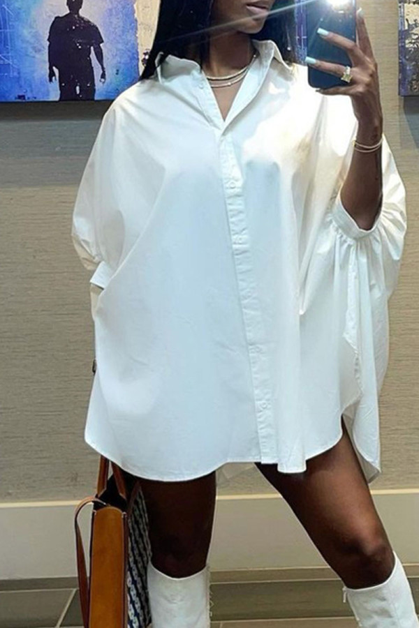 White Casual Solid Patchwork Buckle Turndown Collar Shirt Dress Dresses