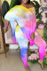 Rose Red Blue Casual Gradual Change Print Slit V Neck Long Sleeve Two Pieces