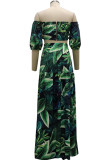Green Sexy Print Patchwork Zipper Off the Shoulder Half Sleeve Two Pieces