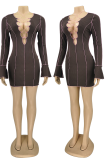 Green Sexy Solid Hollowed Out V Neck Pencil Skirt Dresses