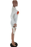 White Sexy Cap Sleeve Long Sleeves O neck Step Skirt Knee-Length bandage Print asymmetrical