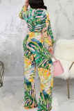 Multicolor Casual Print Bandage Split Joint Turndown Collar Long Sleeve Two Pieces