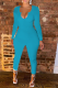 Blue Casual Solid Patchwork V Neck Skinny Jumpsuits