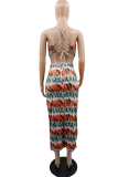 Coffee Sexy Print Patchwork Halter Sleeveless Two Pieces