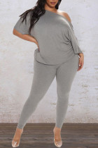 Grey Casual Solid Split Joint Backless Knotted Asymmetrical O Neck Plus Size Two Pieces