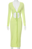 Yellow Sexy Solid Hollowed Out Patchwork Frenulum U Neck Pencil Skirt Dresses