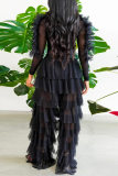 Black Fashion Sexy Patchwork See-through V Neck Long Sleeve Two Pieces