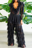 Black Fashion Sexy Patchwork See-through V Neck Long Sleeve Two Pieces
