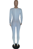 Blue Casual Solid Patchwork V Neck Skinny Jumpsuits