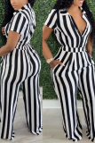 Black Casual Striped Patchwork Turndown Collar Straight Jumpsuits