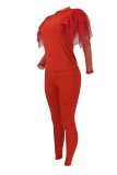 Red Casual Solid Patchwork See-through Mesh O Neck Long Sleeve Two Pieces