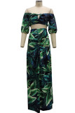 Green Sexy Print Patchwork Zipper Off the Shoulder Half Sleeve Two Pieces