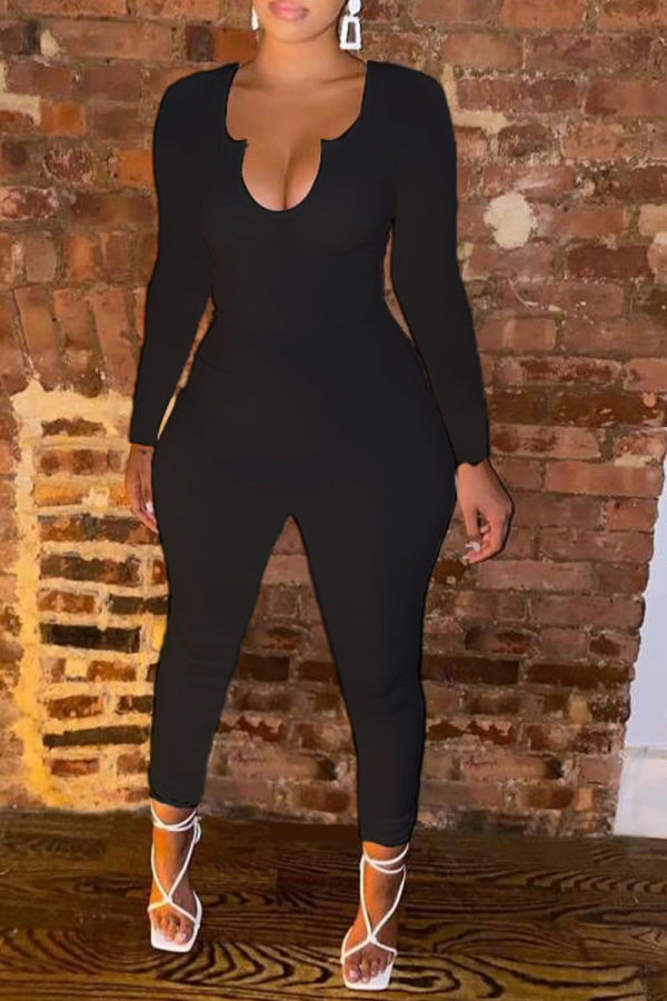 Black Casual Solid Patchwork V Neck Skinny Jumpsuits