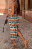 Coffee Sexy Print Patchwork Halter Sleeveless Two Pieces