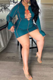 Green Sexy Solid Hollowed Out V Neck Pencil Skirt Dresses