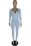 Blue Casual Solid Patchwork V Neck Skinny Jumpsuits