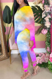 Rose Red Blue Casual Gradual Change Print Slit V Neck Long Sleeve Two Pieces
