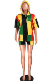 Multicolor Casual Color Lump Print Patchwork Hooded Collar Half Sleeve Two Pieces