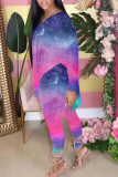 Rose Red Blue Casual Gradual Change Print Slit V Neck Long Sleeve Two Pieces