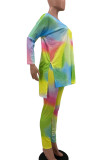 Rose Red Blue Casual Gradual Change Print Slit V Neck Long Sleeve Two Pieces
