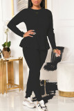 Black Casual Solid Bandage Split Joint Flounce O Neck Long Sleeve Two Pieces