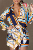 Blue Casual Print Bandage Patchwork Turndown Collar Tops