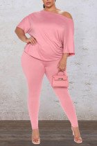 Pink Casual Solid Split Joint Backless Knotted Asymmetrical O Neck Plus Size Two Pieces