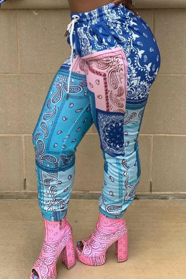 Blue Casual Print Patchwork Skinny Mid Waist Harlan Full Print Bottoms