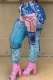 Blue Casual Print Patchwork Skinny Mid Waist Harlan Full Print Bottoms