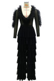 Black Fashion Sexy Patchwork See-through V Neck Long Sleeve Two Pieces