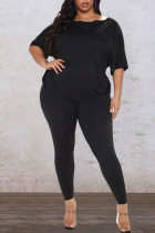 Black Casual Solid Split Joint Backless Knotted Asymmetrical O Neck Plus Size Two Pieces