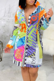 Multicolor Print Patchwork Buckle Turndown Collar Shirt Dress Dresses