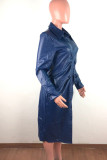 Blue Casual Solid Patchwork Buckle Turndown Collar Outerwear