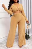 Khaki Sexy Solid Patchwork V Neck Long Sleeve Two Pieces