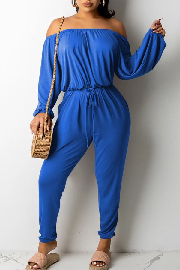 Blue Casual Solid Patchwork Off the Shoulder Long Sleeve Two Pieces
