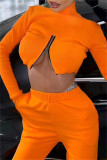 Orange Fashion Casual Solid Zipper Turtleneck Tops