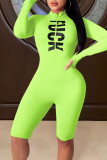 Blue Sportswear Letter Print Patchwork Zipper Collar Skinny Rompers