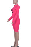 Blue Sportswear Letter Print Patchwork Zipper Collar Skinny Rompers