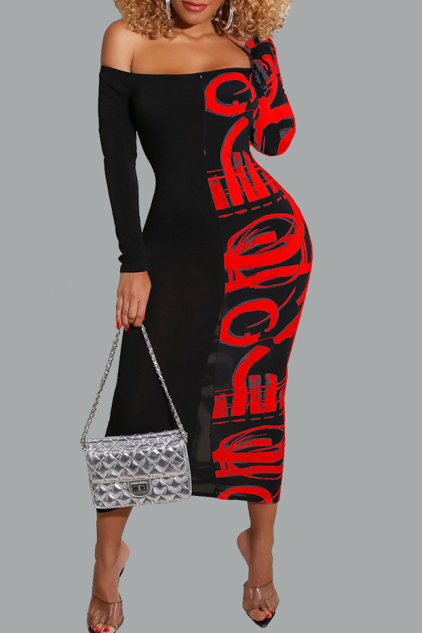 Red Sexy Print Patchwork Off the Shoulder Pencil Skirt Dresses