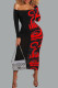 Red Sexy Print Patchwork Off the Shoulder Pencil Skirt Dresses