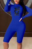 Blue Sportswear Letter Print Patchwork Zipper Collar Skinny Rompers
