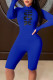 Blue Sportswear Letter Print Patchwork Zipper Collar Skinny Rompers