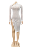 Apricot Sexy Solid Mesh V Neck Pencil Skirt Dresses